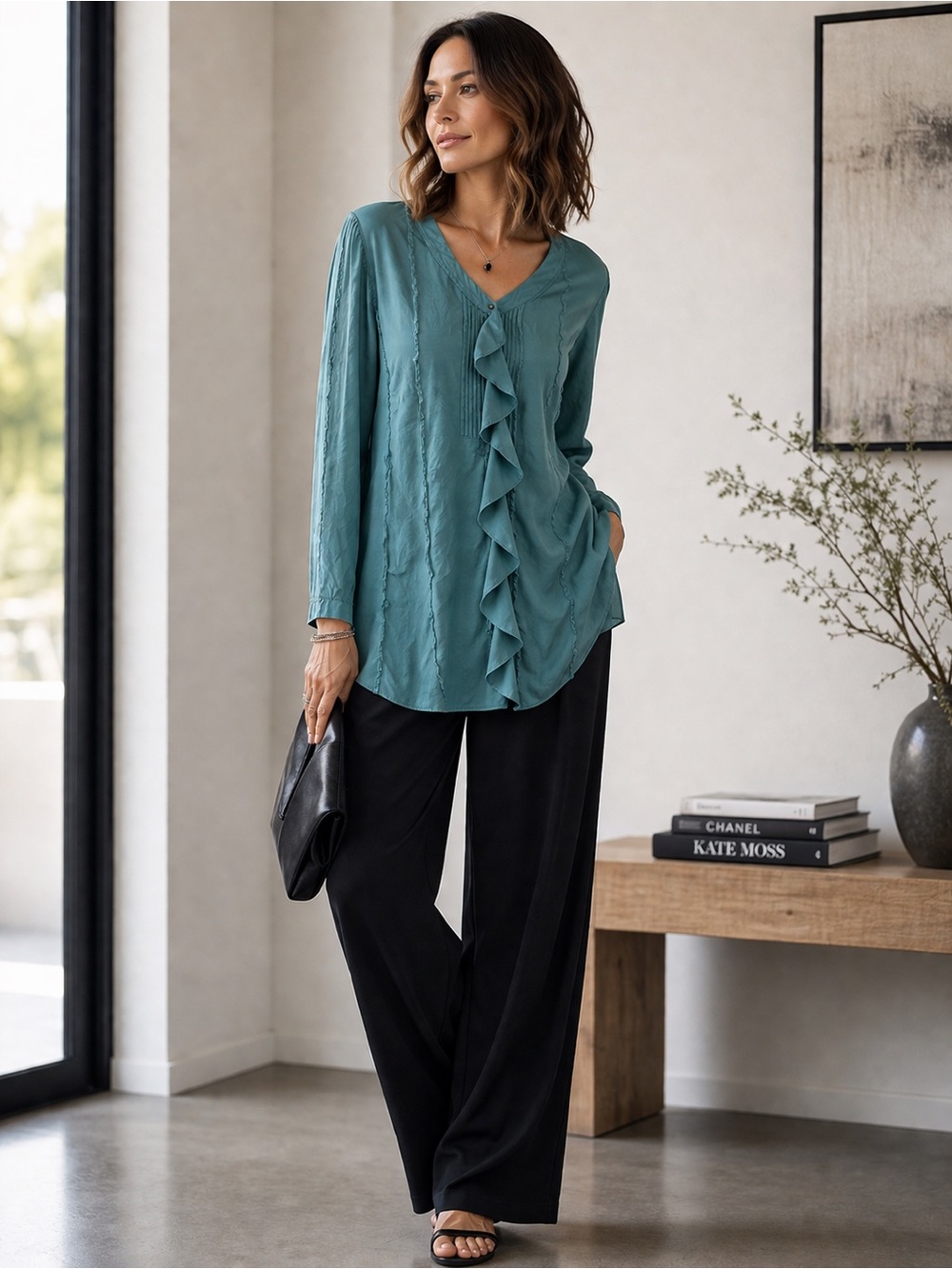 Crisca 100% Silk Teal Ruffle Tunic Blouse | Vintage Lightweight Boho Chic Sz 12